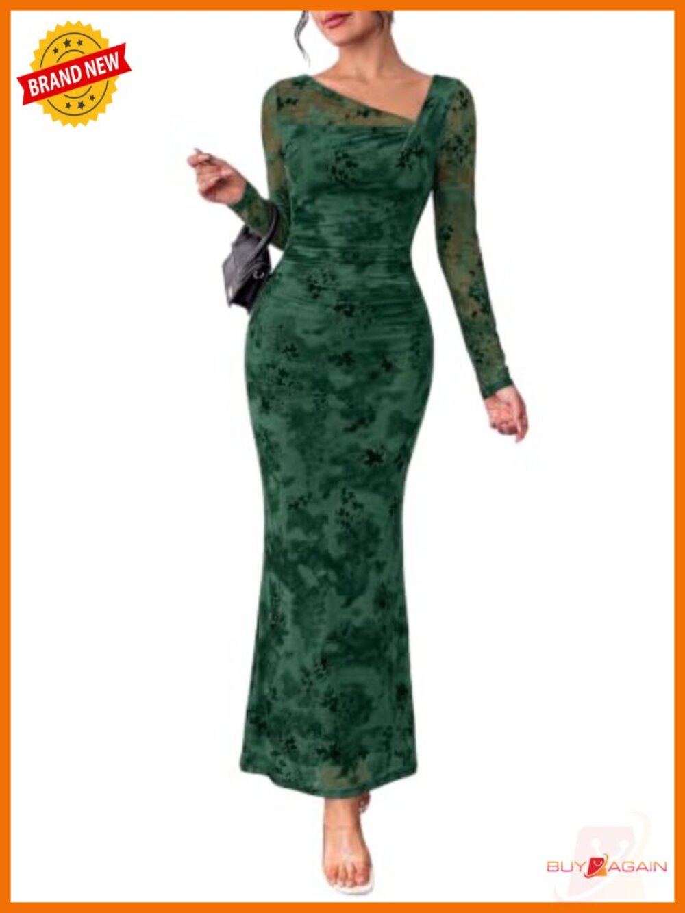Womens Floral Mesh Long Sleeve Maxi Dress Asymmetrical Neck Formal